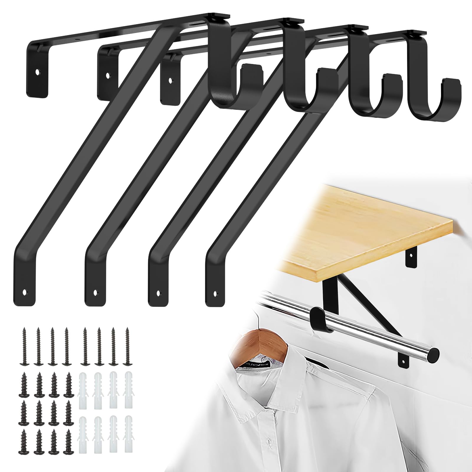 Photo 1 of Pisman Adjustable Shelf Brackets Black 10" 4PCS,Closet Rod Holders Heavy Duty for Closet Storage, Laundry Room Storage.