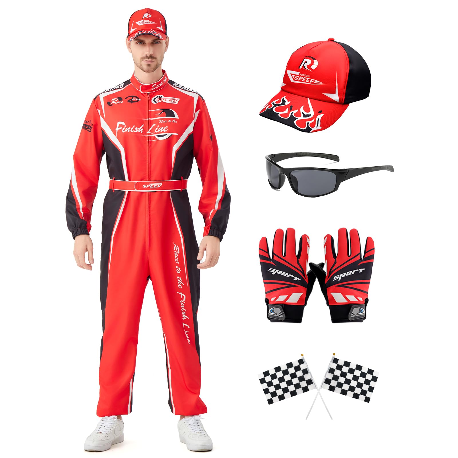 Photo 1 of Lopbraa Race Car Driver Costume Men with Hat, Full Set Racing Jumpsuit Racer Outfits with Gloves Flag and Sunglasses for Adult(Red)