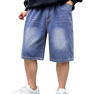 Boys Washed Bermuda Jorts Vintage Loose Fit Jean Shorts School Uniform | Elastic Waist Summer Casual Denim Shorts with Pocket