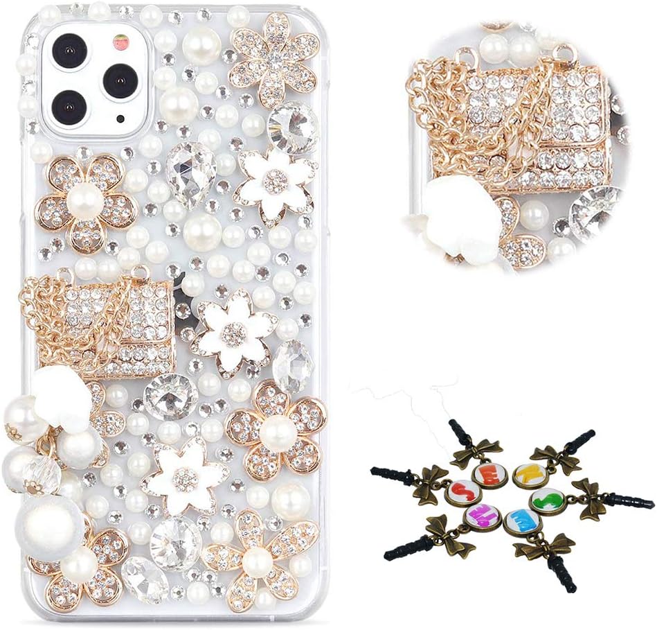 STENES Sparkle Phone Case Compatible with Samsung Galaxy A71 - Stylish - 3D Handmade Bling Girls Bag Pearl Pendant Flowers Rhinestone Crystal Diamond Design Cover Case - White