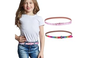 Amaxiu 2 Pack Thin Belt for Girls, Girl's Glitter Belt Cute Shiny PU Leather Belt Adjustable Waist Belt for Jeans Dress
