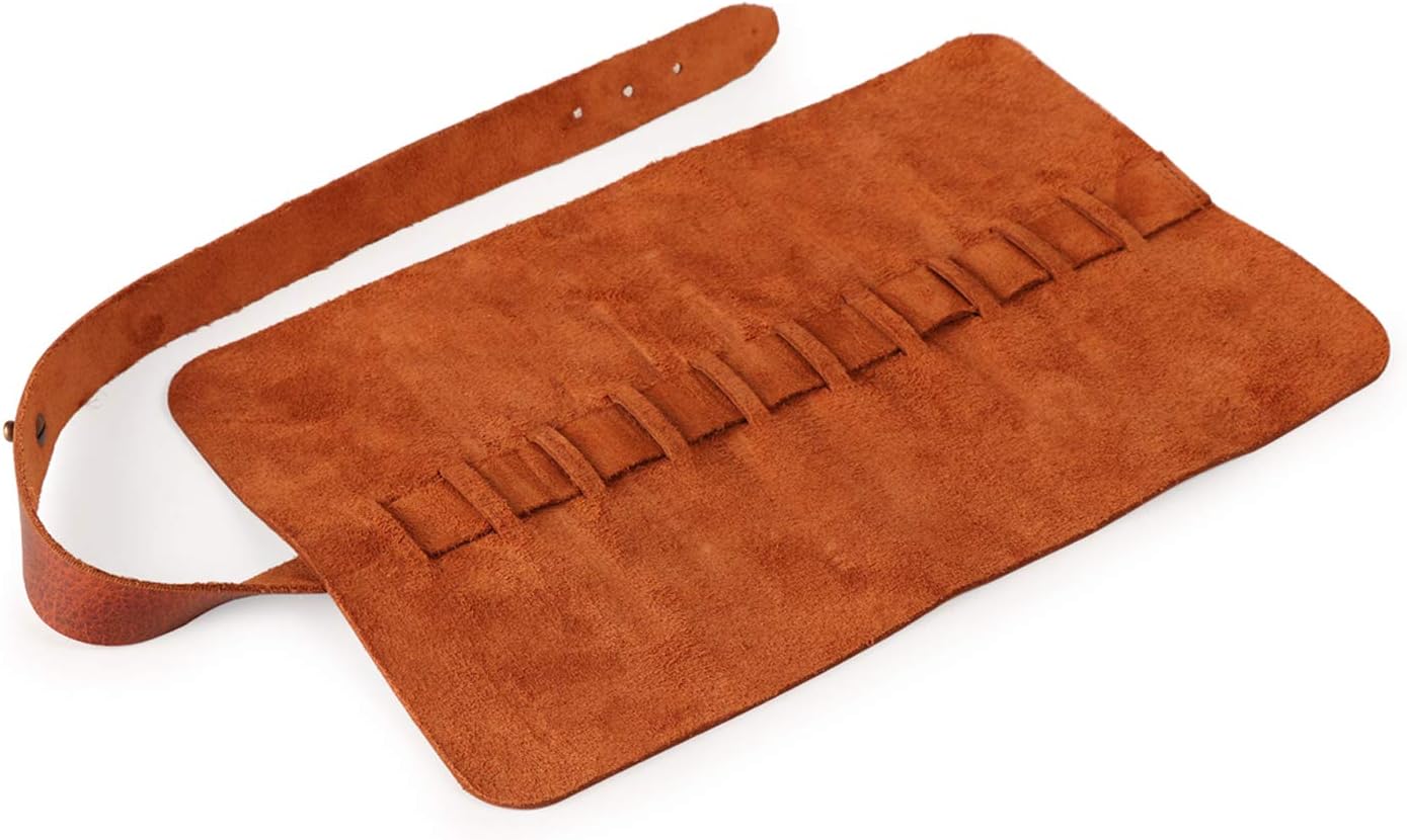 LONDO Genuine Leather Pen & Pencil Roll Case - 10 Slots - Classic Design - Cowhide Leder, Brown - Image 4