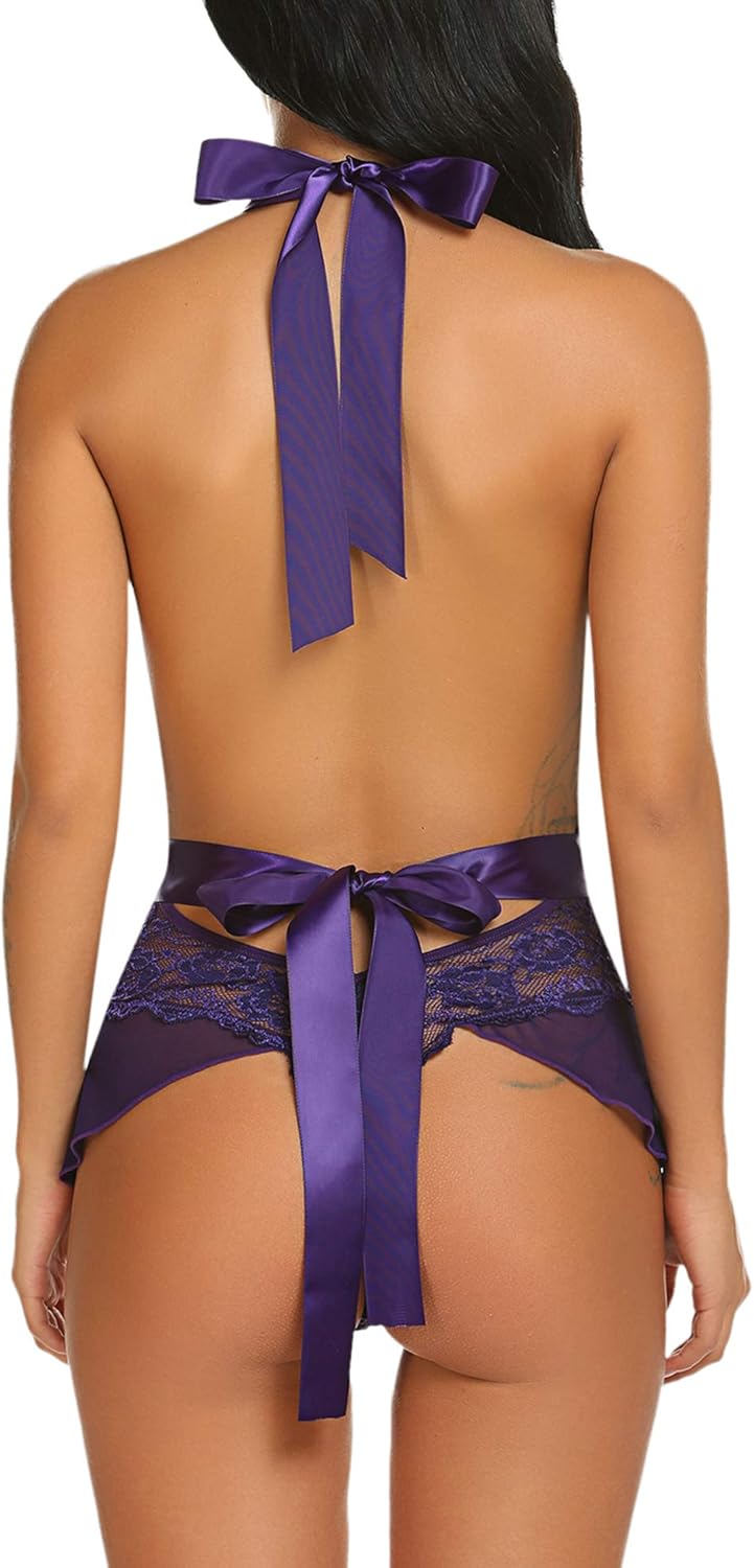 Avidlove Women Lingerie Lace Halter Teddy Bodysuit Deep Plunge Babydoll Nightwear: Clothing