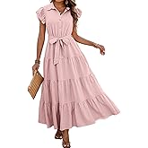 dowerme Women's Summer Casual Dresses 2026 Cap Ruffle Sleeve V Neck Button Belted Tiered Boho Maxi Dress with Pockets