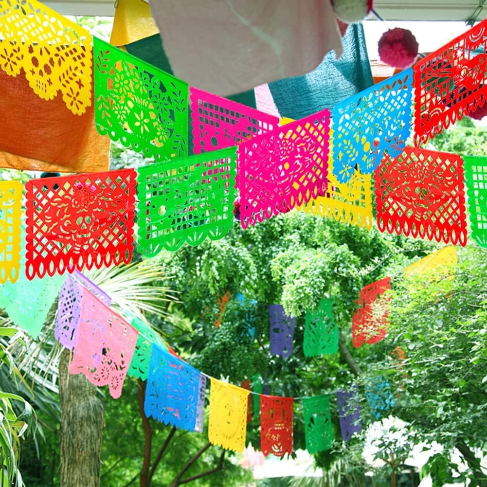 FUTUREPLUSX Day of The Dead Decorations, 18 Feet Plastic Papel Picado Banner Dia De Muertos Wall Decor Mexican Fiesta Garland Party Favors
