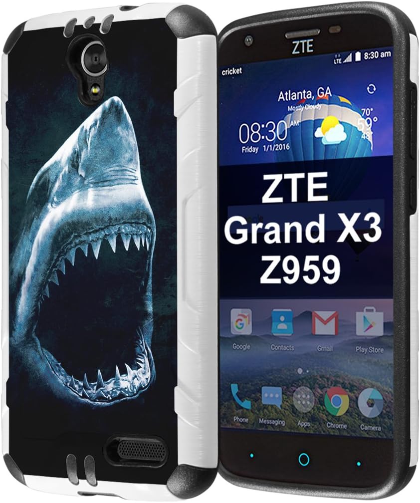 Capsule Case Compatible with ZTE Grand X3, ZTE ZMAX Grand, ZTE ZMAX Champ, ZTE ZMAX 3, AVID 916, ZTE Warp 7 [Slim Dual Layer Combat Case White and Black] - (Shark)