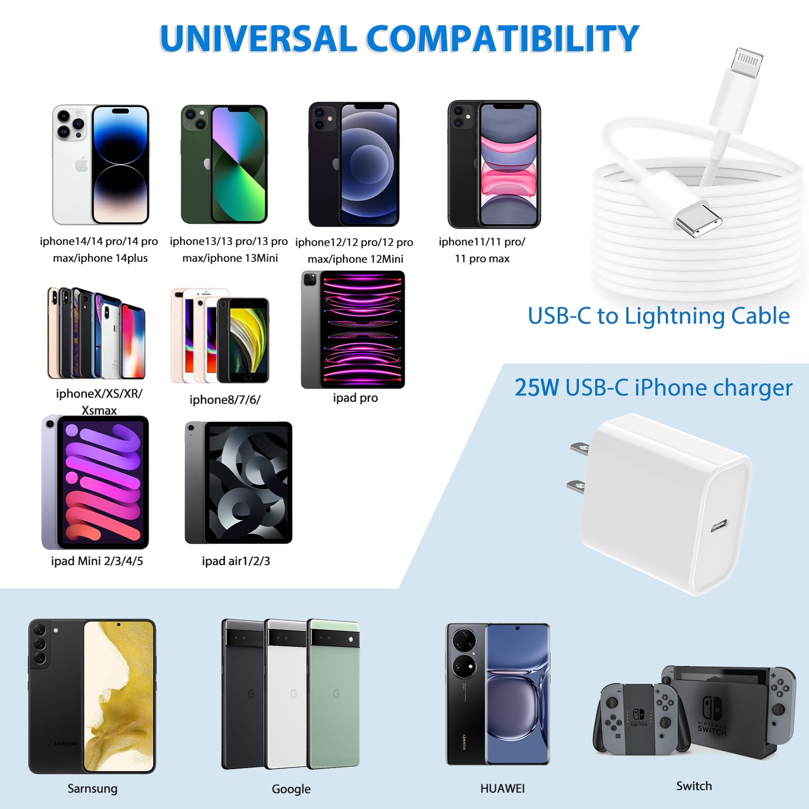 25W iPhone Charger, 2 Pack 25W PD USB C Wall Fast Charger Adapter with 2 Pack 10FT Long Type C to Lightning Cable Compatible with iPhone 14 13 12 11 Pro Max XR XS X,iPad