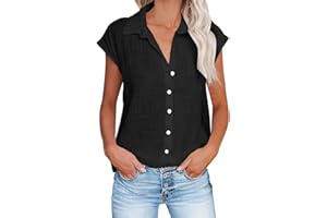 FLOLEO Summer Linen Shirts for Women Solid Color Button up Shirt 3/4 Sleeve Short Sleeve Cotton Linen Shirts Trendy Loose Top