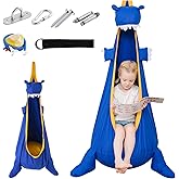 JUNGLE WELL Kids Pod Swing Seat, Dinosaur Shape Canvas Swing Chair, Child Sensory Swing Hammock with Hanging Kits for Indoor/Outdoor Use (Deep Blue)