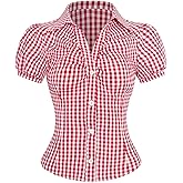 OYOANGLE Women's Plaid Button Down Short Puff Sleeve Blouse Y2K Gingham Collared Shirts Going Out Tops