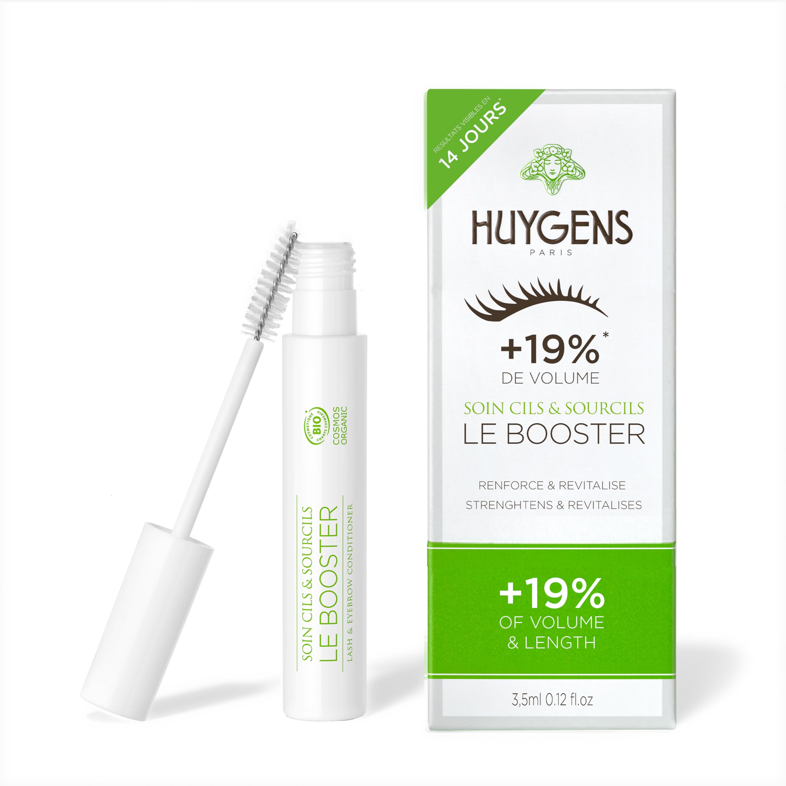 HUYGENS Lash & Brow Conditioner Serum with Organic Castor Oil – Clinically Proven +19% Density & Length – Vegan, Hormone-Free, Alcohol-Free – Made in France – 3.5 ml