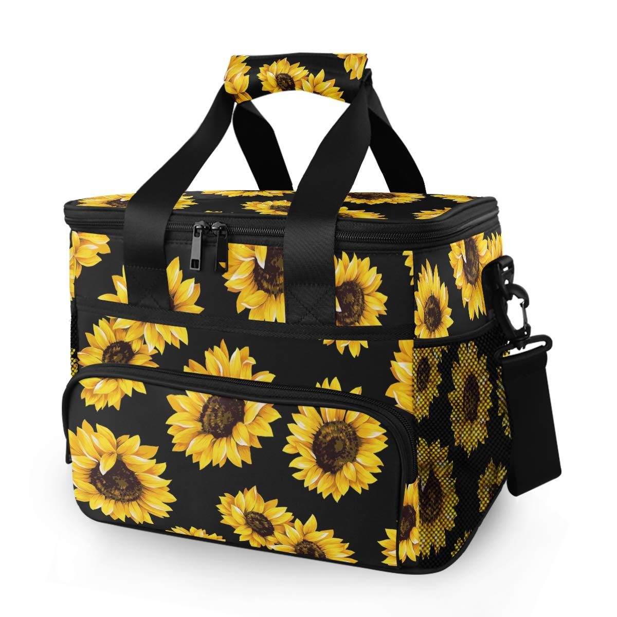 15L Leakproof Reusable Insulated Cooler Lunch Bag Office Work Picnic Hiking Beach Lunch Box Organizer with Adjustable Shoulder Strap, Black Sunflower