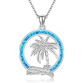 SNOWELLE Palm Tree Necklace 925 Sterling Silver Opal Beach Ocean Jewelry Gift for Women