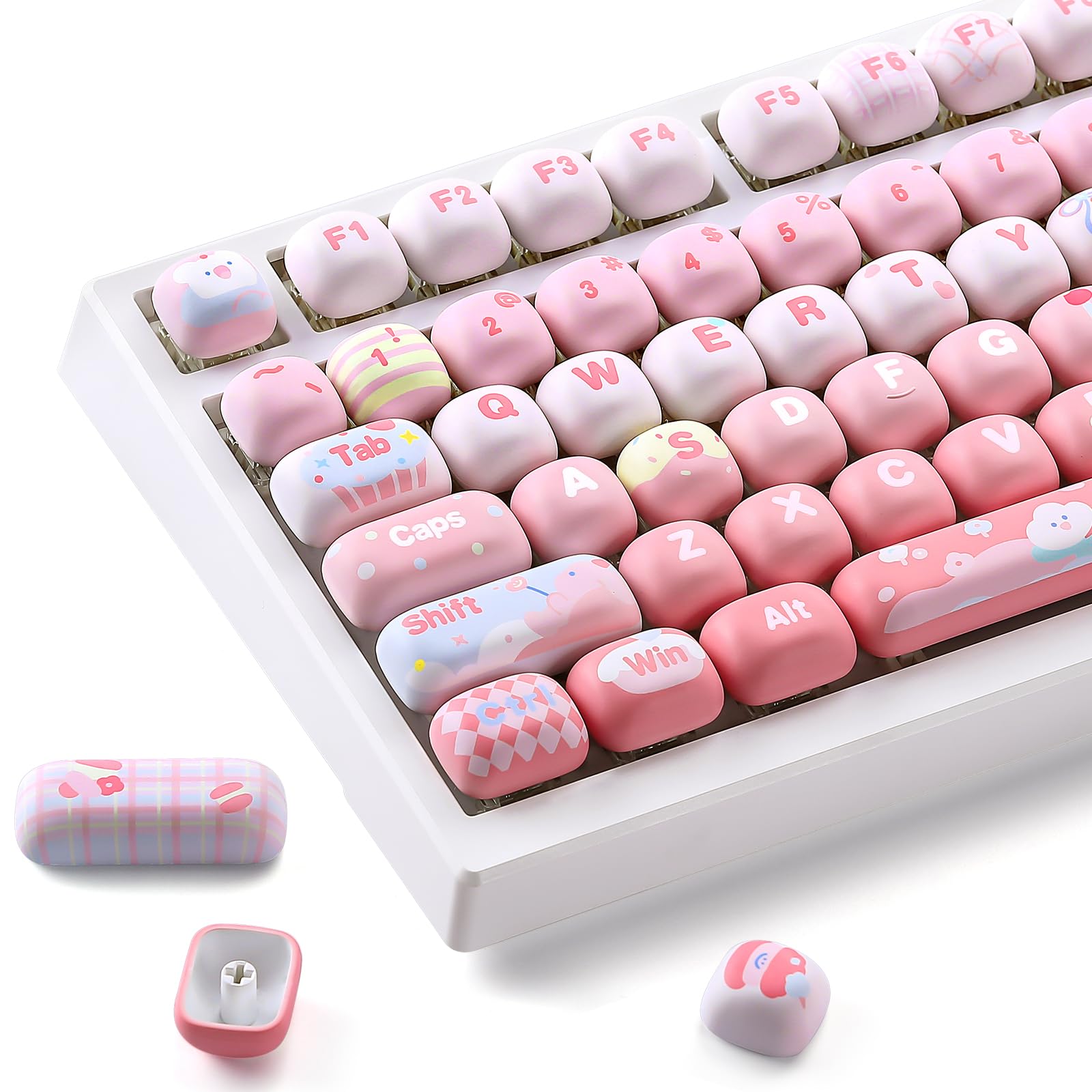 Photo 1 of YUNZII Cute Pink Ice Cream Custom Keycaps, 138 Keys Dye Sub PBT MOG Profile Keycap Set for Mechanical Gaming Keyboards (Pink Ice Cream)