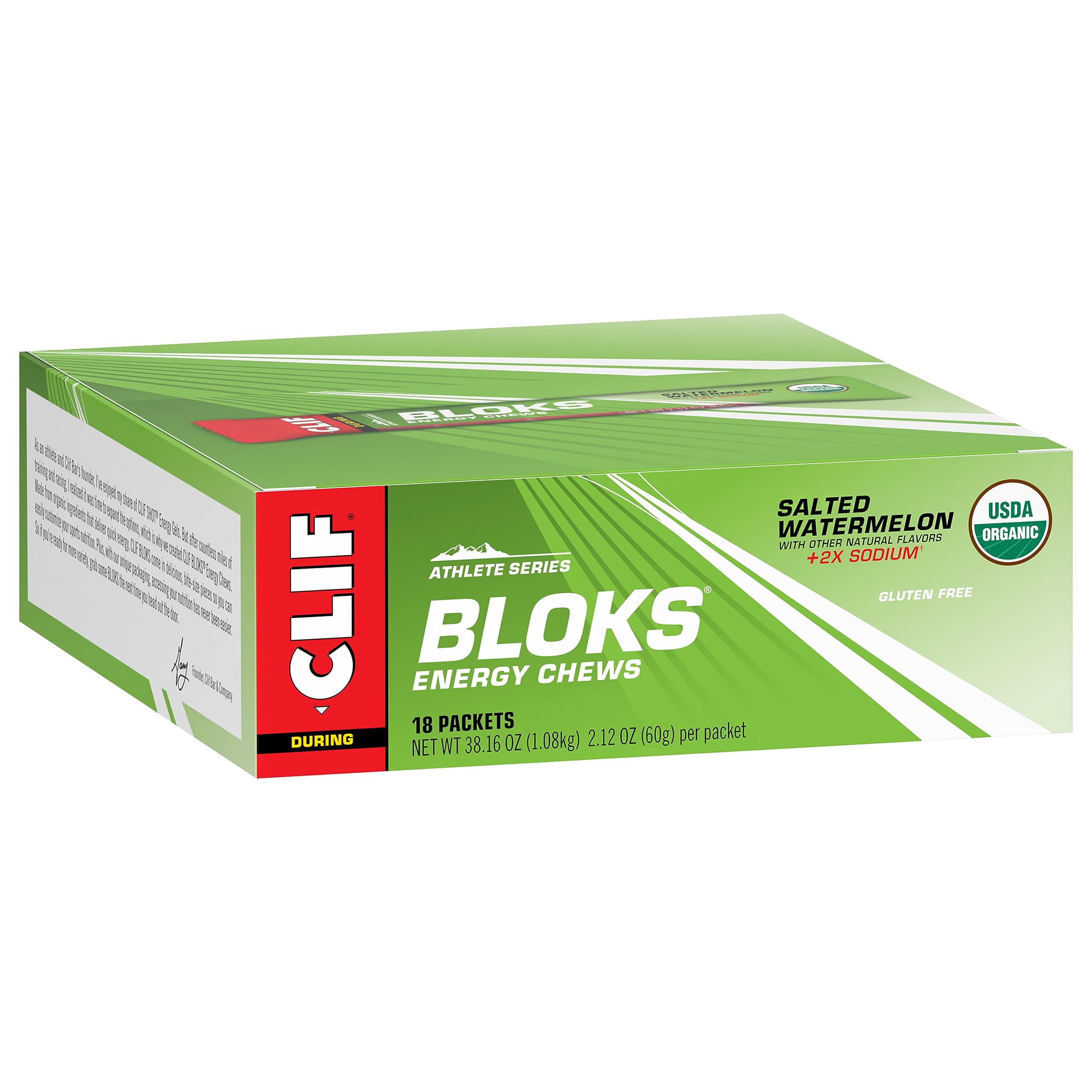 Clif Bloks Salted Watermelon Flavor with 2X Sodium - Energy Chews - Non-GMO - Plant Based - Fast Fuel for Cycling and Running - Quick Carbohydrates and Electrolytes - 2.12 oz. (18 Count)
