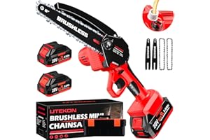 LITEKON Brushless Mini Chainsaw, Cordless Wood Cutting Saw, Super Power 1000W Electric Chain Saw - 2x2000mAh Lithium-Ion Battery and Quick Charger Included (MilwaukeeRed)
