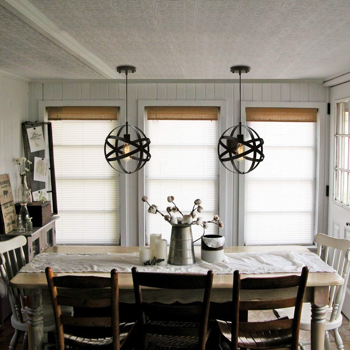 KingSo Industrial Metal Pendant Light, Spherical Pendant Light, Rustic Chandelier Vintage Hanging Cage Globe Ceiling Light Fixture for Kitchen Island Dining Room Farmhouse Entryway Foyer Table Hallway - - 