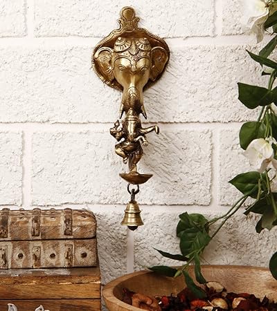 eCraftIndia Dancing Ganesha Brass Wall Hanging Deepak with Bell (10 cm x 7 cm x 25, Brown and Golden)