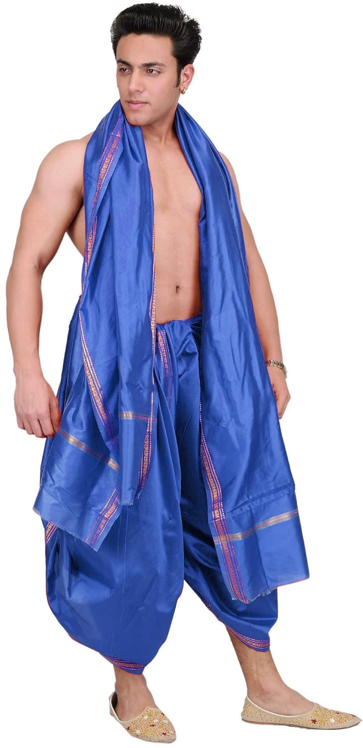 exotic india dhoti and angavastram set with golden woven paisley on border