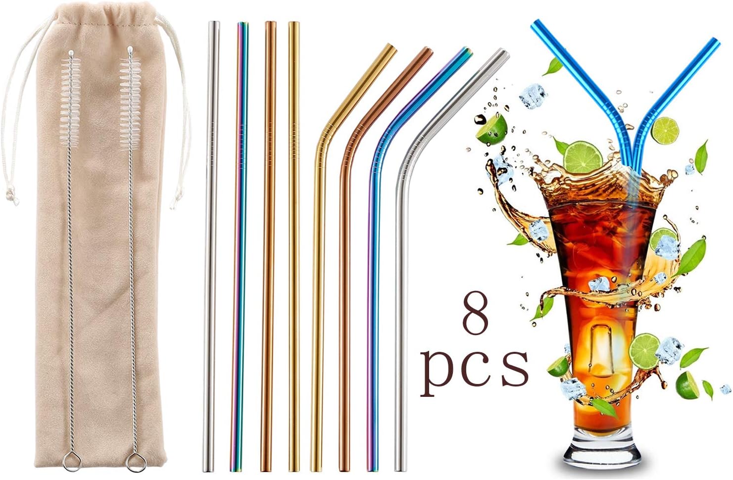 RSWLED Stainless Steel Straws, Set of 8 Coloured Reusable Metal Drinking Straws with 2 Cleaning Brush Cleaner for Smoothie, Cocktail, Hot Drinks,Milkshake and Apple Cider Vinegar