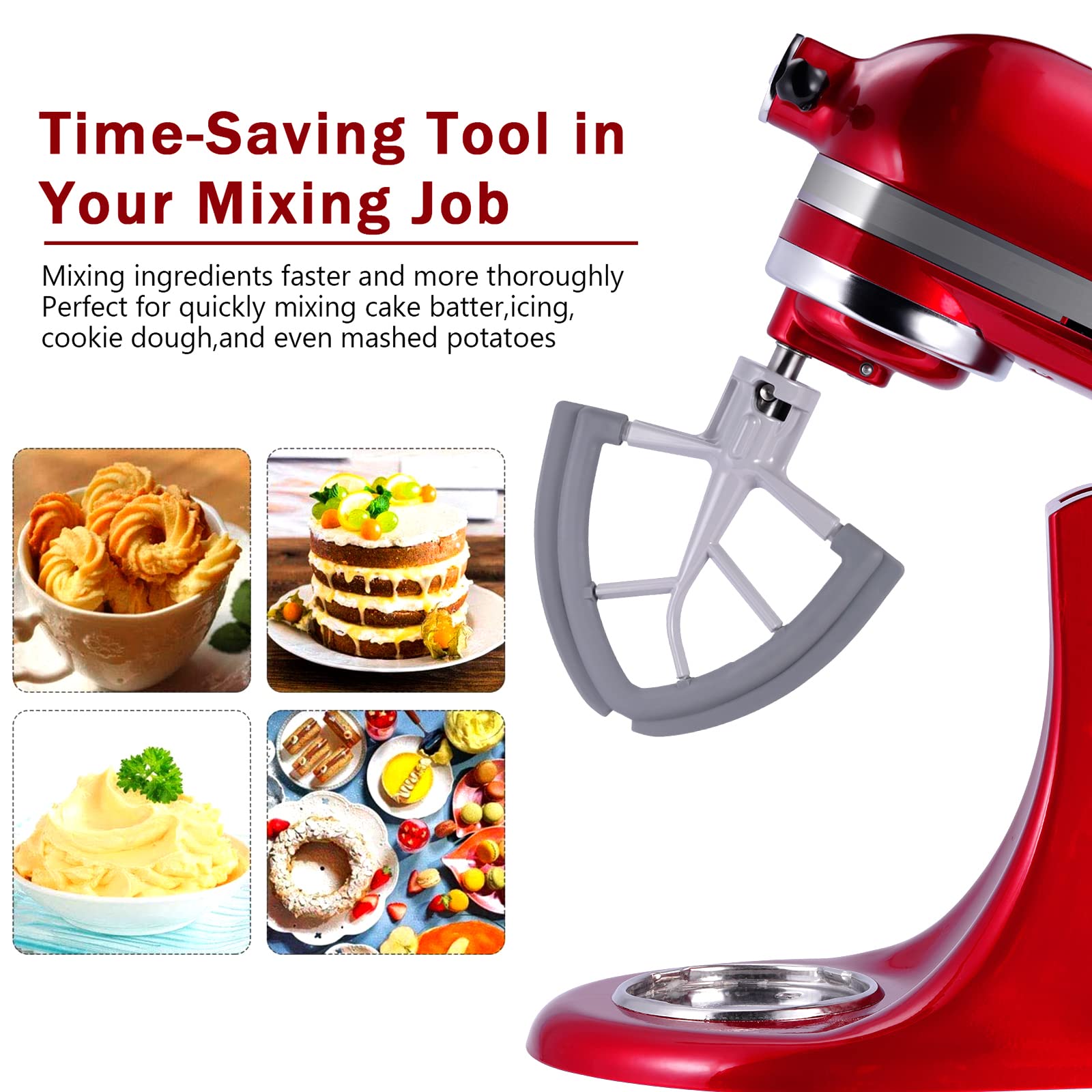 Flex Edge Beater Mixer Attachments for Kitchenaid Tilt-Head Stand Mixers, Mixer Accessory 4.5-5 Quart Beater Scraper Paddle with Both-Sides Flexible Silicone Edges (Grey)