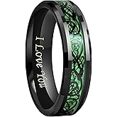 CROWNAL 6mm 8mm Green Carbon Fiber Black Celtic Dragon Tungsten Carbide Wedding Band Ring Engraved I Love You Size 4 To 16
