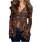 GORGLITTER Women's Cheetah Print Mesh Top Blouses Y2K Going Out Tie Front Leopard Sheer Bell Sleeve T Shirt