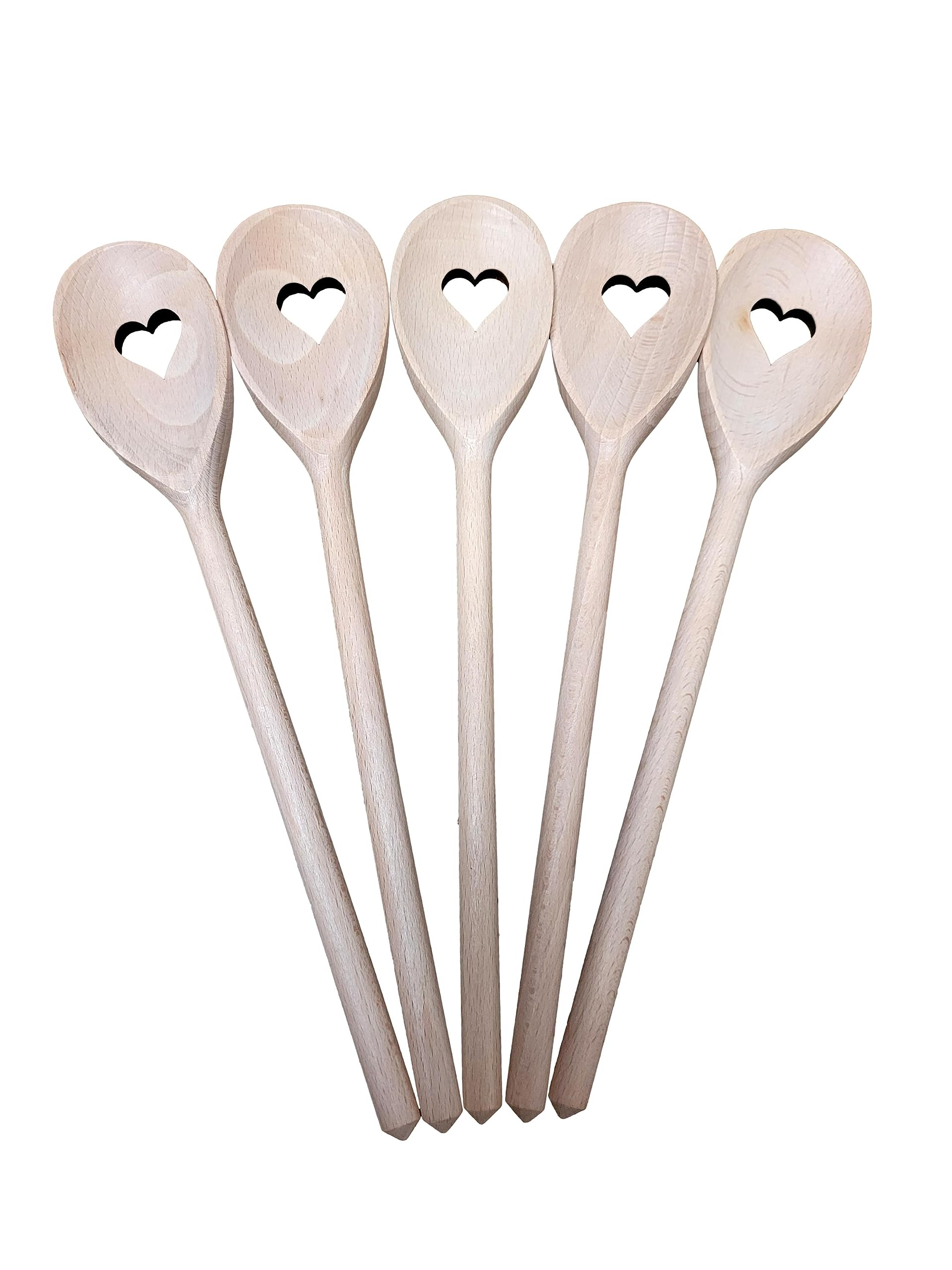 5 x Wooden Spoon Wood Spoons Turner Baking Tasting Cooking Heart Love 30 cm
