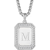 Raymard Mens Womens 925 Sterling Silver A-Z Initial Necklace, Cubic Zirconia Dog Tag Pendant Necklace for Men, 24" Rolo Chain Initial Jewelry