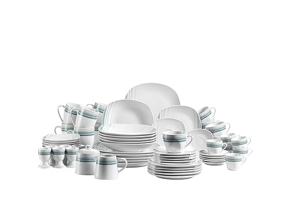 Mäser 931214 Serie Enni, Kombiservice 62 teilig, weißes Porzellan Geschirr-Set mit blauem Muster, Teller, Kaffeetasse, Kaffee