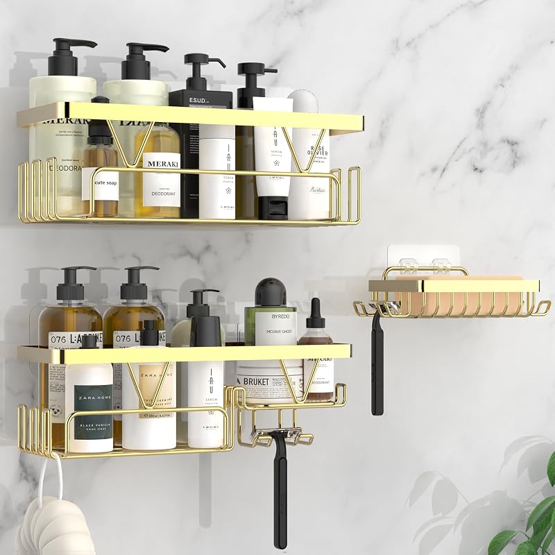 KEGII Gold Shower Caddy Shelf No Drilling Adhesive Bathroom Organizer