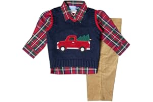 Good Lad Toddler Boy Navy Three Piece Sweater Vest Set with Christmas Themed Applique