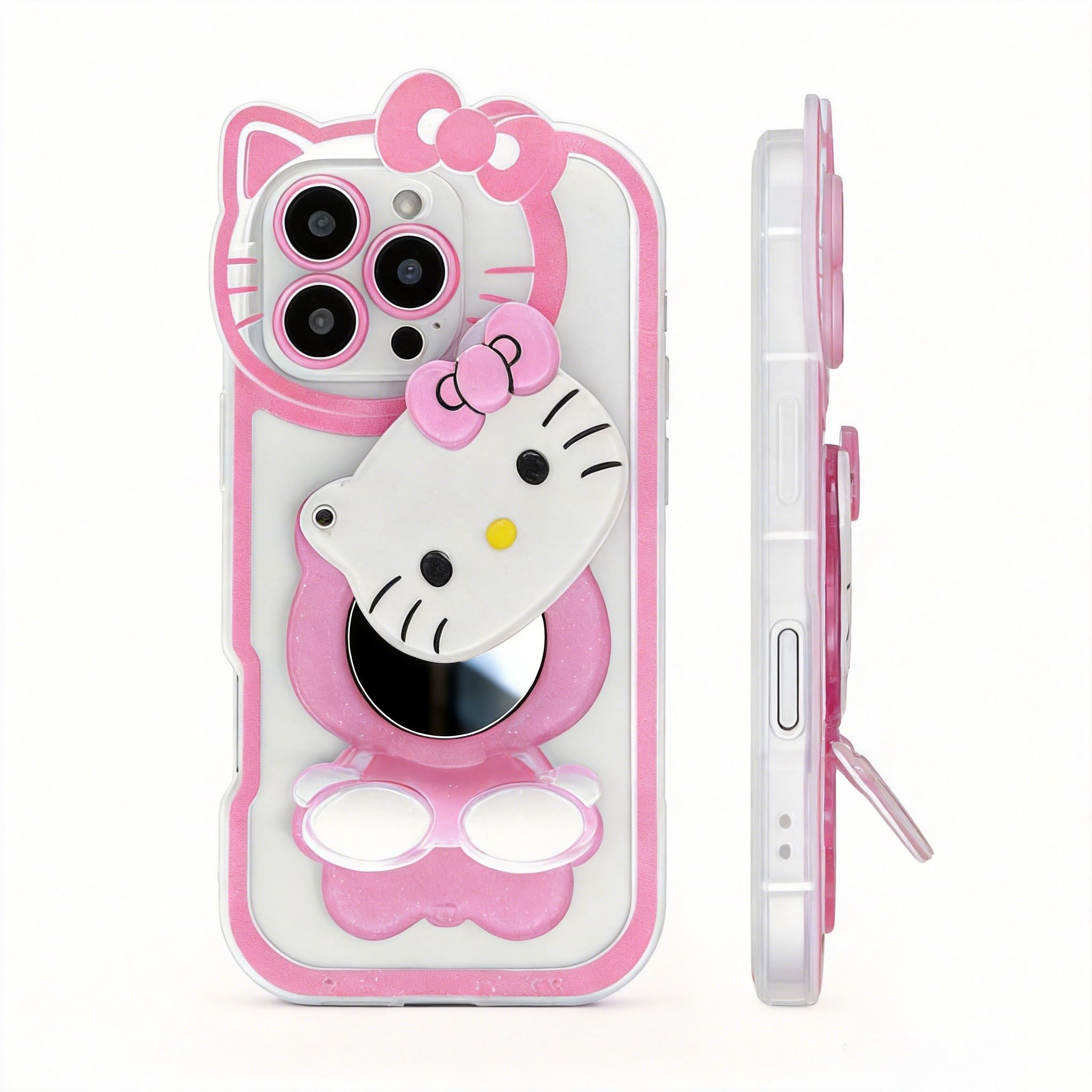CLQLC Anime Cat Case for iPhone 15 Pro,Phone Holder Stand with Makeup Mirror, Kawaii Phone Cases, Cool Unique Protective Cover for Women