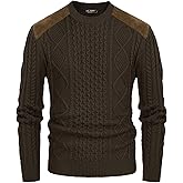 PJ PAUL JONES Mens Sweater Military Cable Knit Crewneck Vintage Long Sleeve Pulllover Sweaters with Suede Patchwork