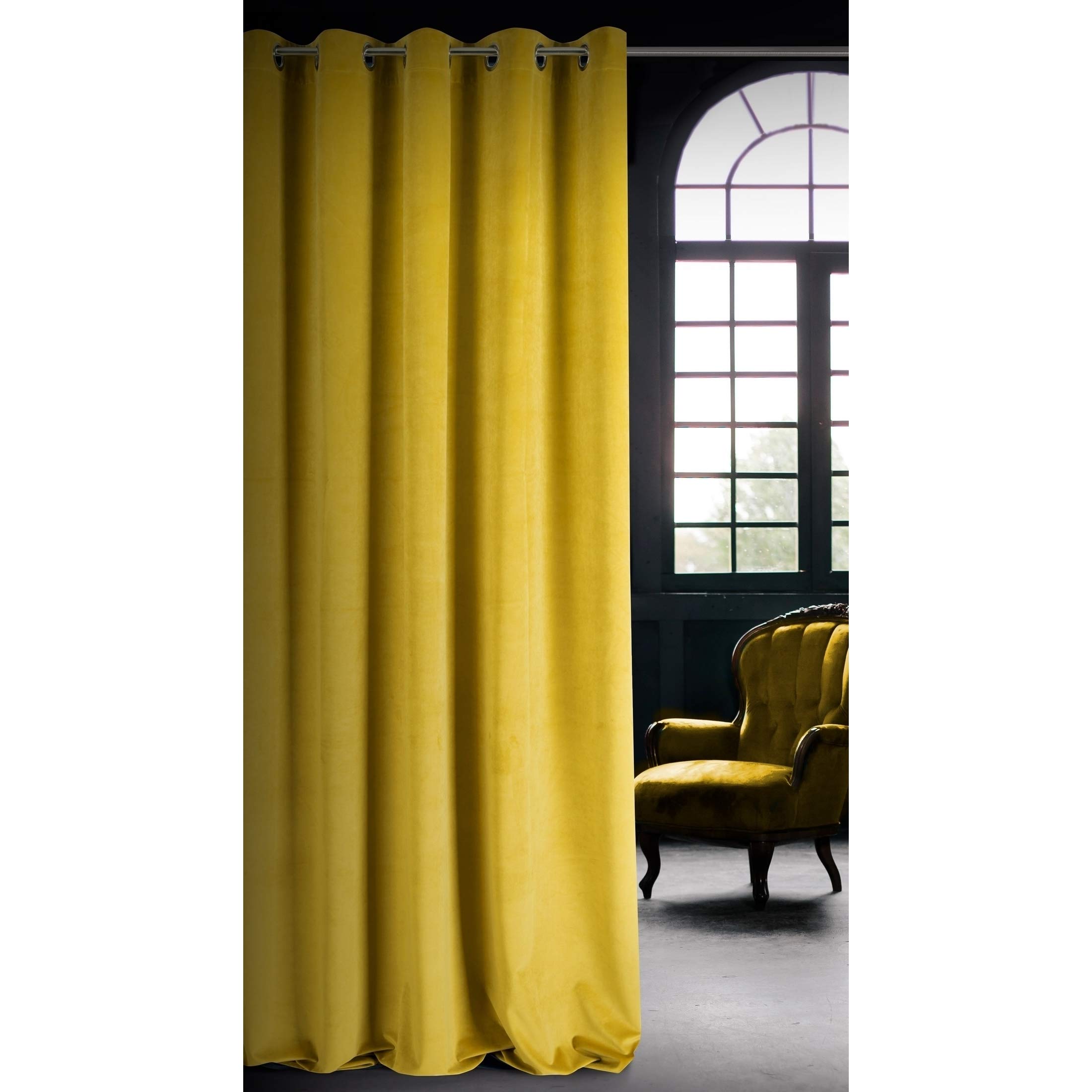 Eurofirany Soft Plain Opaque Velvet Curtain with Eyelets - 1 Unit, Thick Fluffy Panel Drape Classic Glamour Elegant Living Room Bedroom, W55'' x L98.4'', 140x250 cm, Mustard