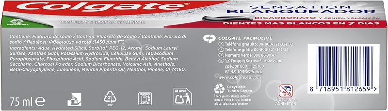- Pasta de dientes Advanced White con Bicarbonato y Ceniza Volcánica, Pack 12 x 75 ml, Dientes más blancos en 7 días, clínicamente probada para eliminar las manchas superficiales