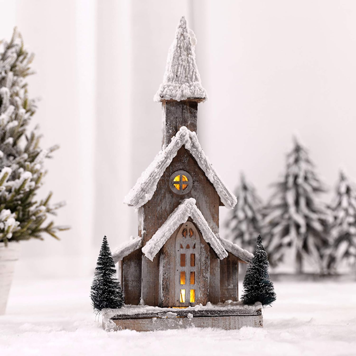 Rustic Snow Wood Christmas Mini House,Handmade Lighted Holiday Village