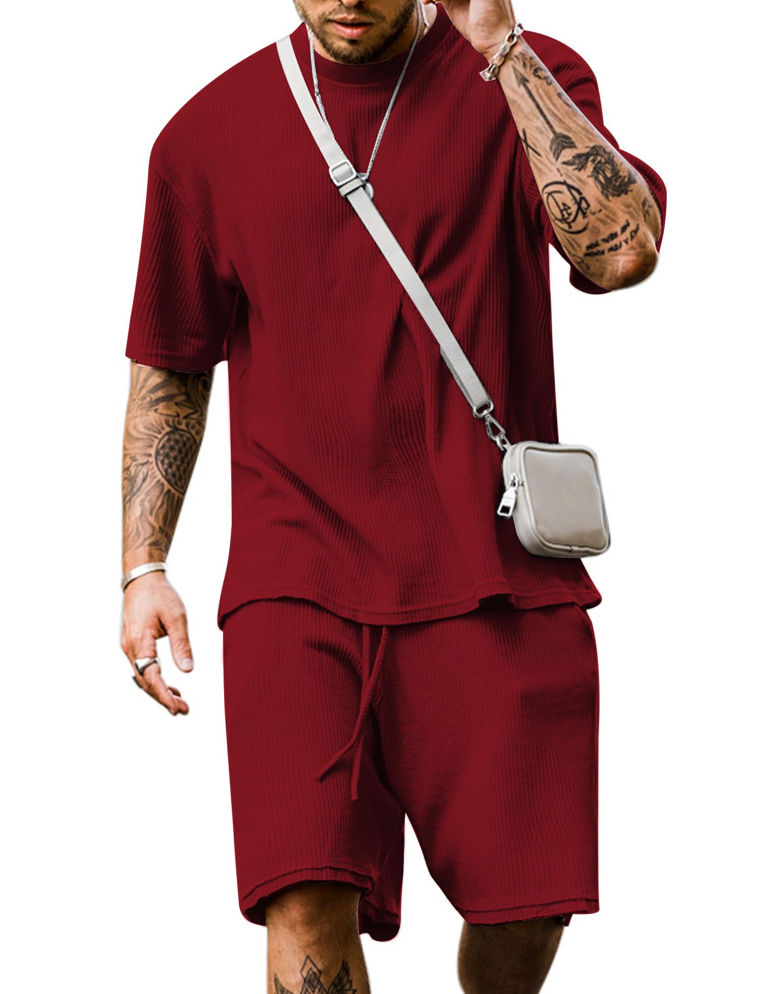Babioboa Men's Sweatsuit Short Sleeve T Shirt Suit Summer Tee Short Sets Waffle Comfy Casual Sets for men(Wine,M) Image