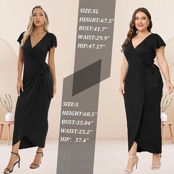 2025 WOMENS DEEP CROSS V NECK RUFFLE SLEEVE TULIP HEM PLUS SIZE WORK COCKTAIL PARTY ELEGANT RUCHED LONG WRAP DRESS BLACK