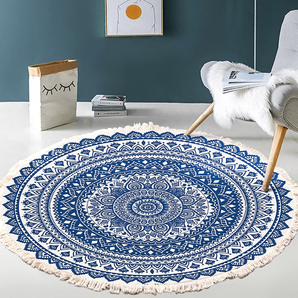 Vintage Boho Cotton Rugs, Mandala Pattern, Washable Hand Woven Bohemian Round Rug with Tassels for Bedroom, Hallway, Living Room, Coffee Table, Doormats, Machine Washable, 120 cm, Flowers #20 — image 1