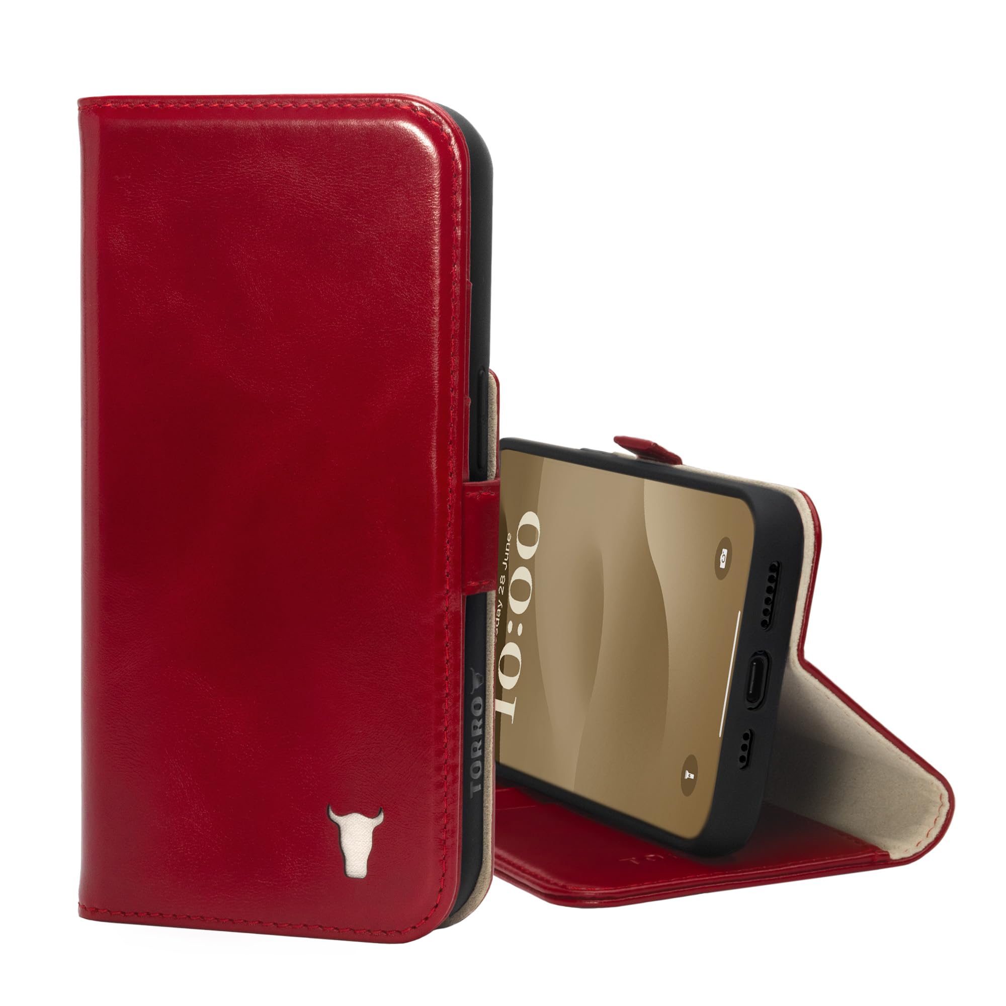 TORRO Leather Case Compatible with iPhone 15 – Premium Leather Wallet Case with Kickstand and Card Slots - Red