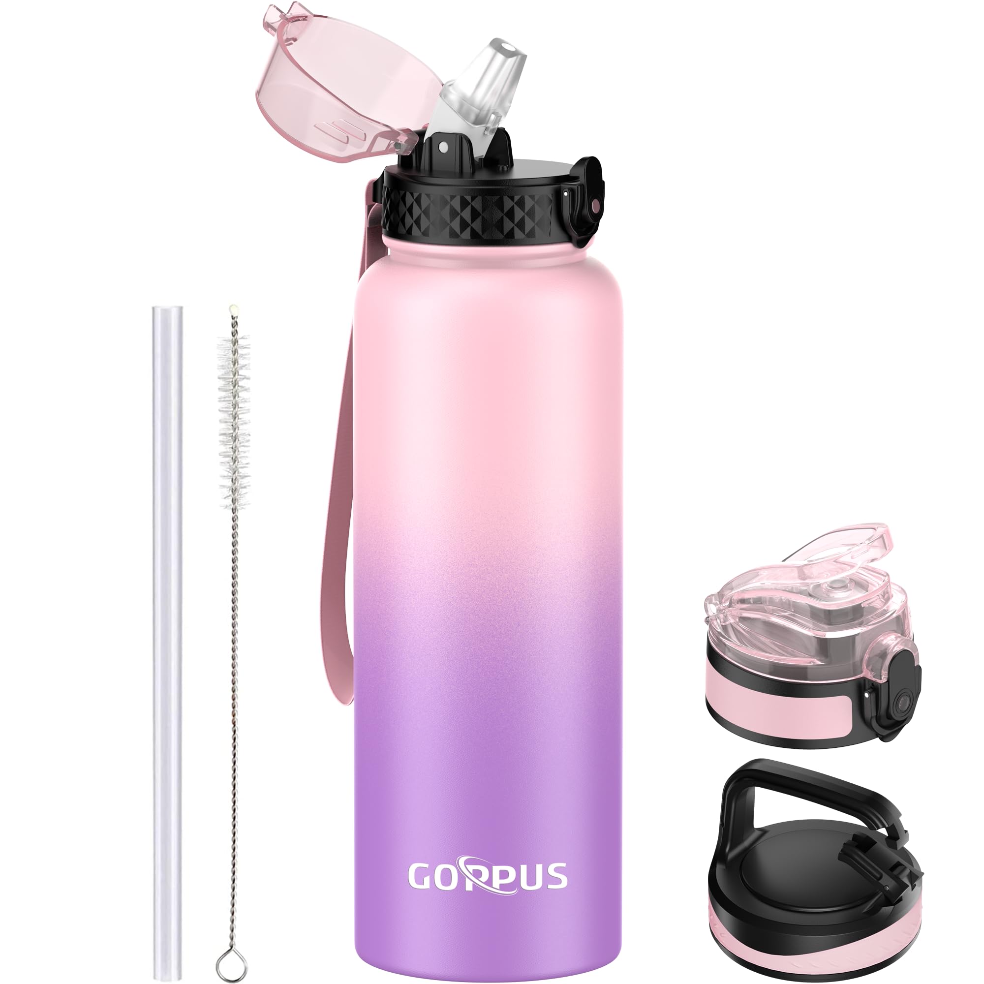 GOPPUS 1.2L/40oz Stainless Water Bottle with Straw Double Wall Insulated Bottles with Strap Large Vacuum Thermal Flask Leakproof Keep Cold Drinks Bottles with Flip Top Lid for Men Women BPA Free