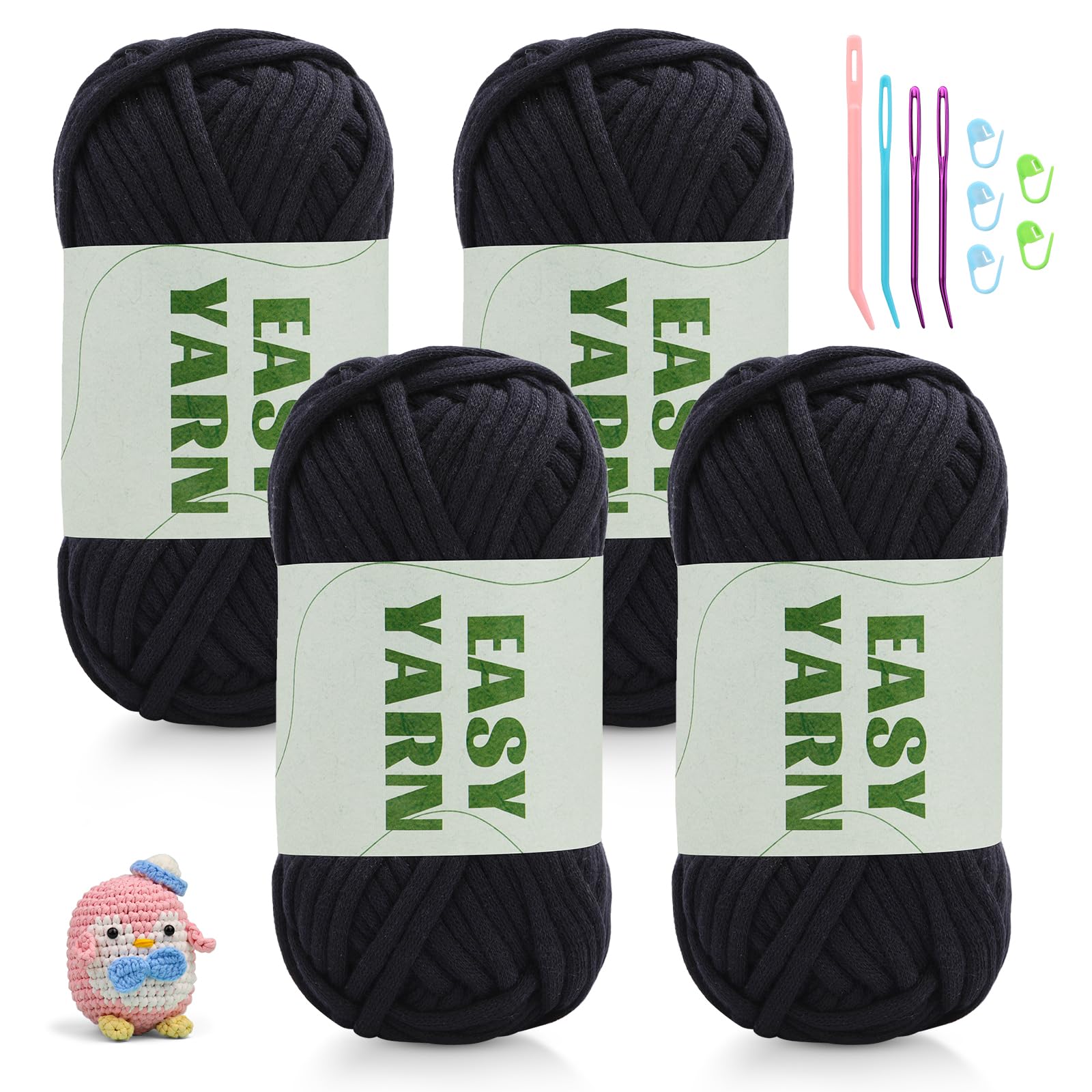 4x50g Chunky Yarn for Crochet, Crochet Yarn Easy Yarn Thick Yarns for Crochets with Easy-to-See Stitches, Stitch Markers, Easy Crochet Starter Kit for Beginners- Black — image 1