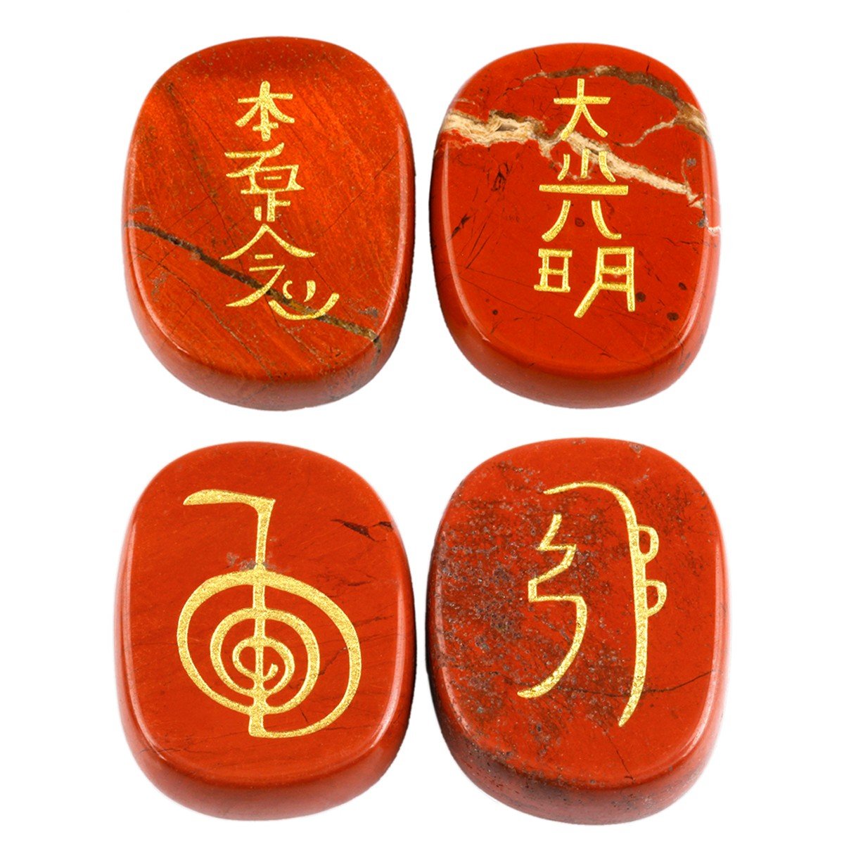 mookaitedecor 4 Piece Red Jasper Stones Engraved Chakra Symbols Polished Palm Stones for Reiki Crystal Healing