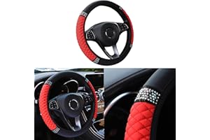 Couslcd Bling Car Steering Wheel Cover, 15 Inch Rhinestones Soft Leather Elastic Steering Wheel Protector, Sparkly Crystal Diamond for Women Girls, Car Interior Accessories for Most Cars (Red)