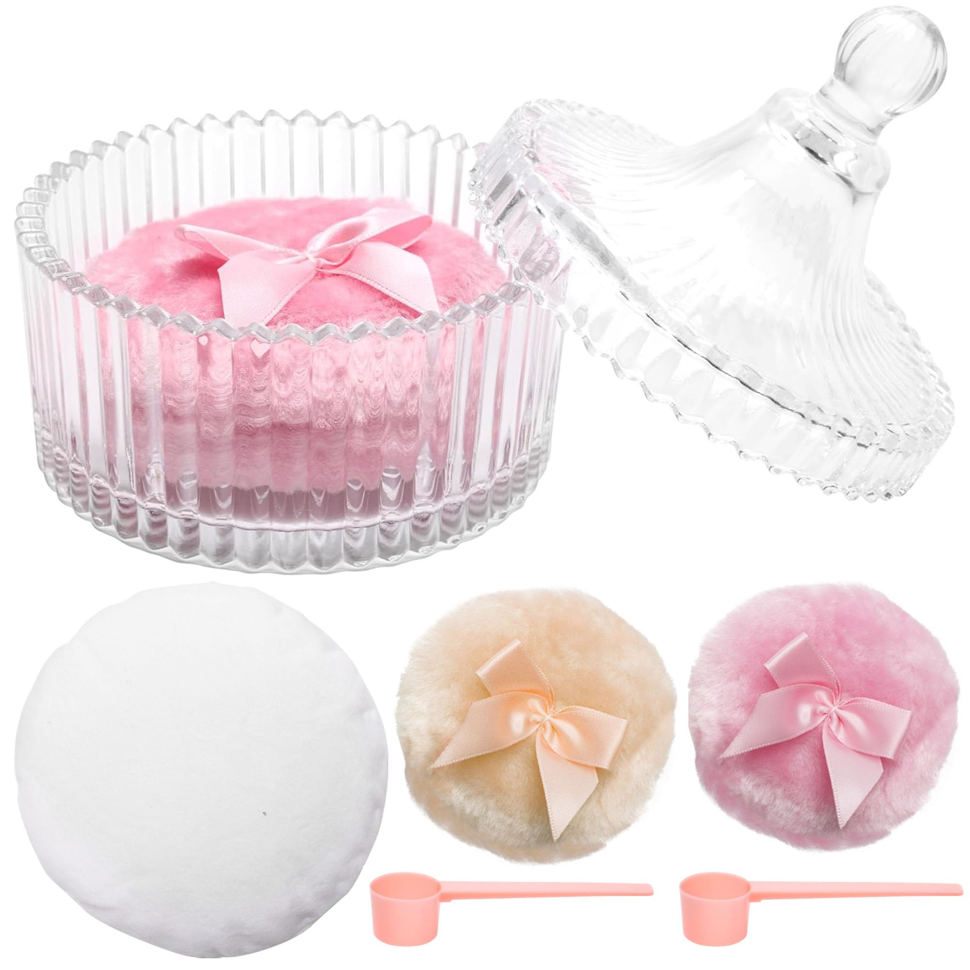 Photo 1 of 6 Pack Large Body Powder Puff and Container Set, Anglecai Crystal Powder Puff Container for Body Powder Puff Dish with 3P Powder Puffs and 2P Spoon