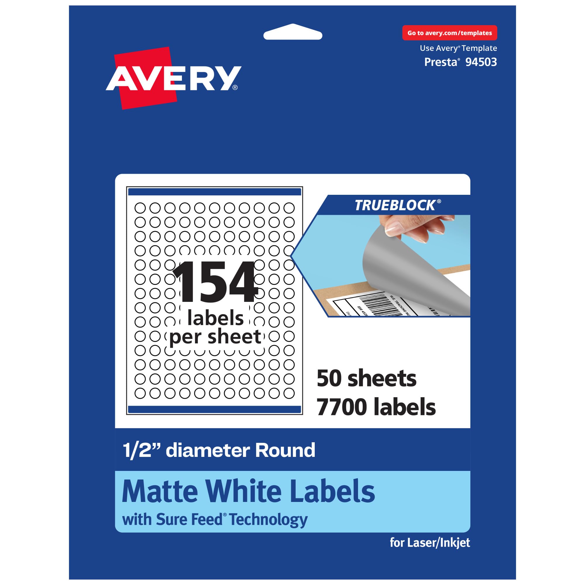 Avery TrueBlock Matte White Round Labels, Sure Feed Technology, 0.5″ Diameter, 7,700 Matte White Labels, Print-to-The-Edge, Laser/Inkjet Printable, Great for Product Merchandising Stickers