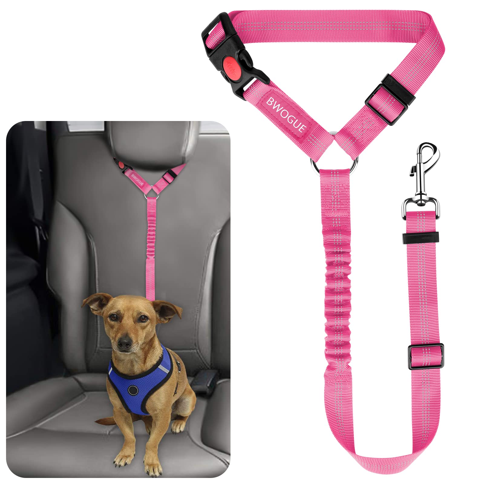 BWOGUE Pet Dog Cat Seat Belts, Car Headrest Restraint Adjustable Safety Leads Vehicle Seatbelt Harness (1 Pack, Pink, Elastic)