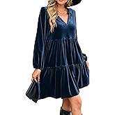 R.Vivimos Womens Fall Winter Velvet Tunic Dress 2026 Long Sleeve V Neck Casual Loose Tiered Ruffle Mini Dress