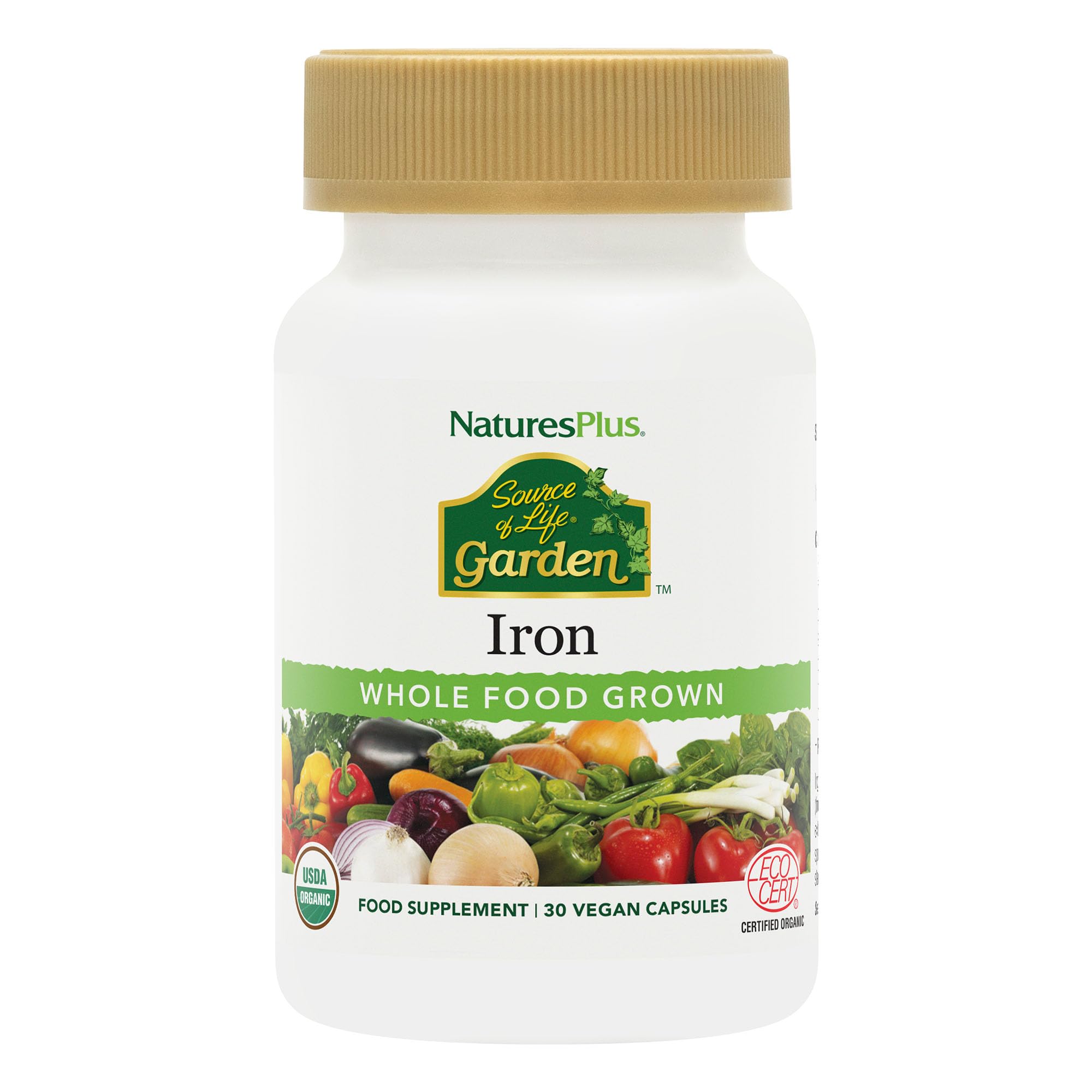 NaturesPlus Source of Life Garden Iron - 18 mg Organic Plant Based Gentle Iron Supplement, Highly Bioavailable - Vegan, Gluten Free, One A Day - 30 Capsules